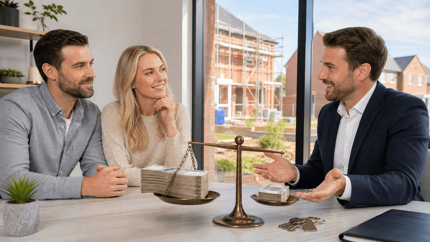 Modern house model beside a couple’s hands holding mismatched coin stacks on a bright white background
