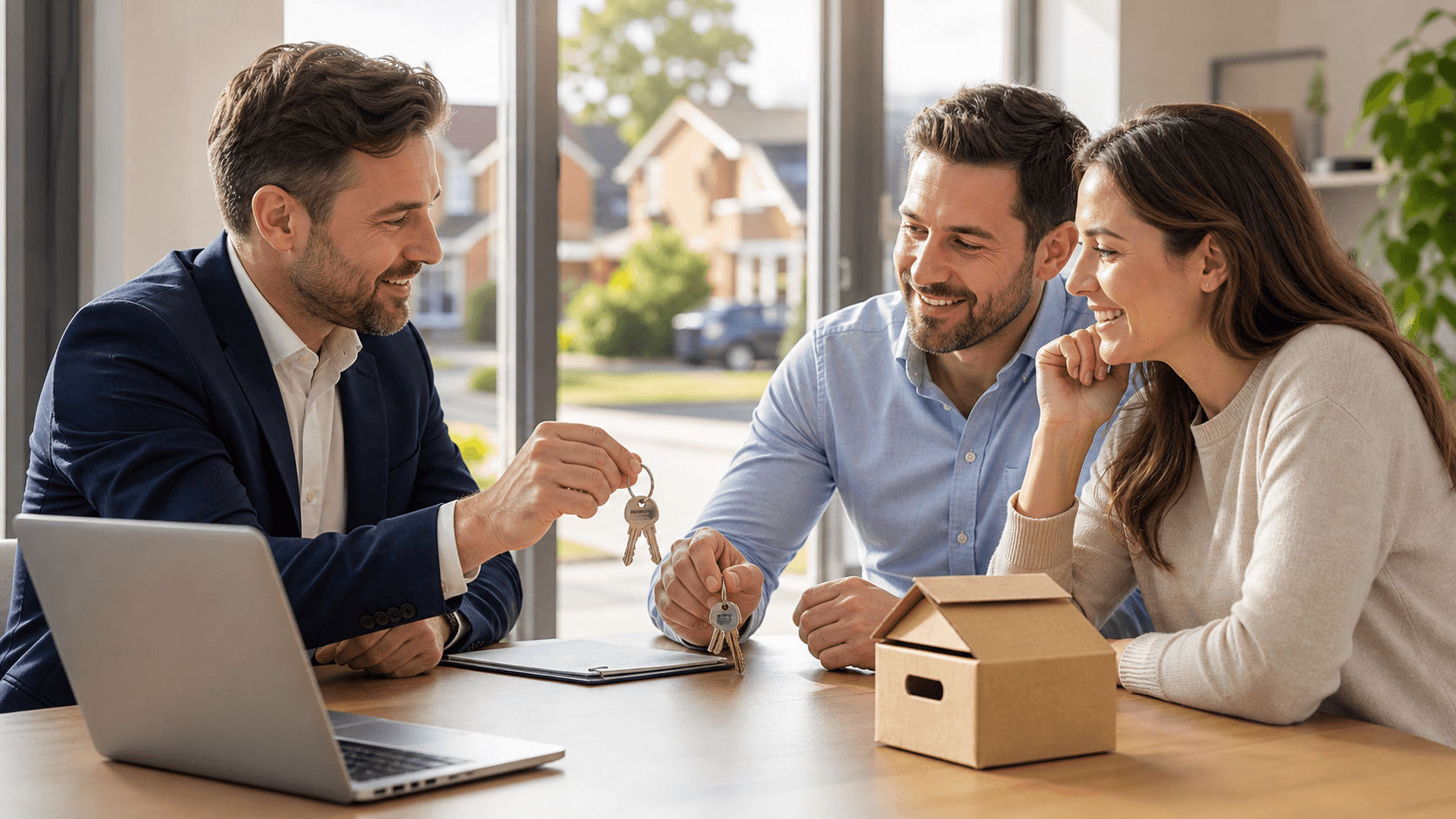 House-shaped keychain beside stacked moving boxes and a red mortgage document on a bright wooden table