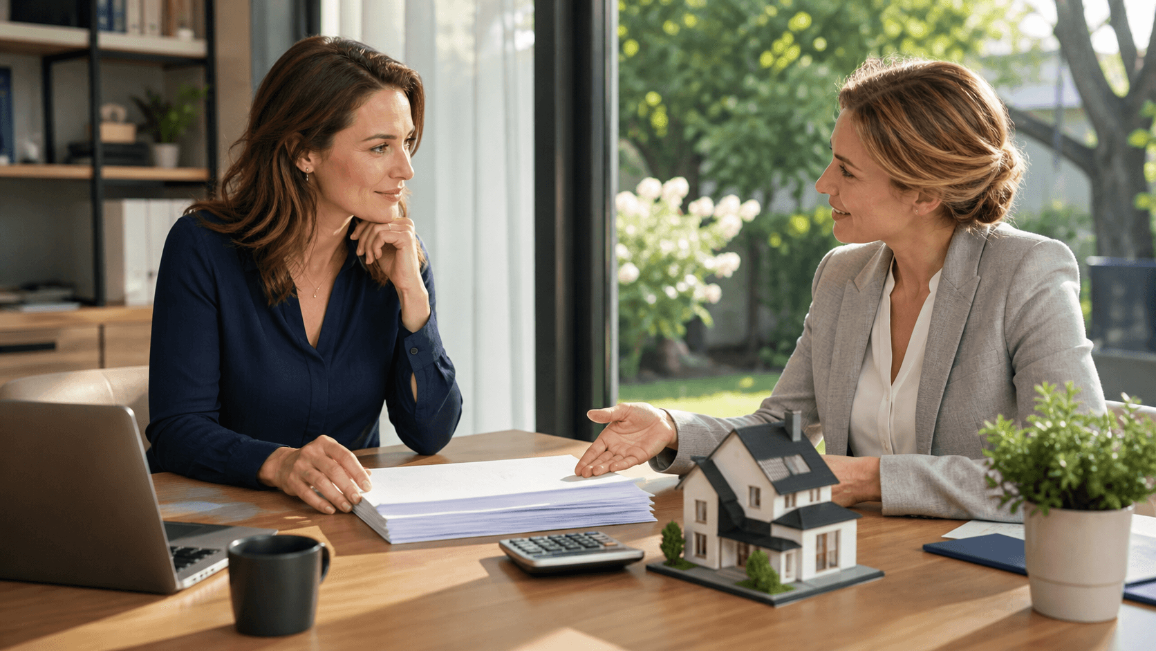 Sole trader reviews financial documents beside a laptop and house model on a bright desk.
